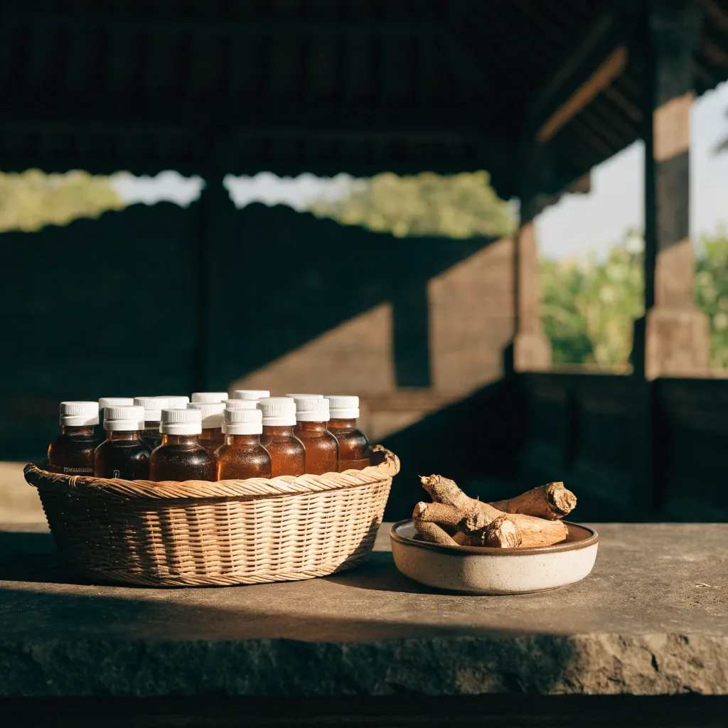 A short row of unbranded supplement jars and a paper pouch on a dark shelf in the PrimaVita Kuta interior