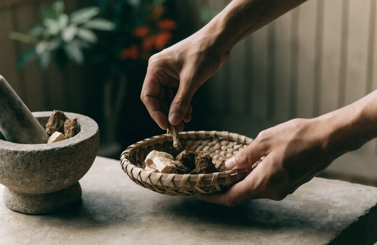 Milled botanical supplement powder poured into a stone bowl under warm directional light