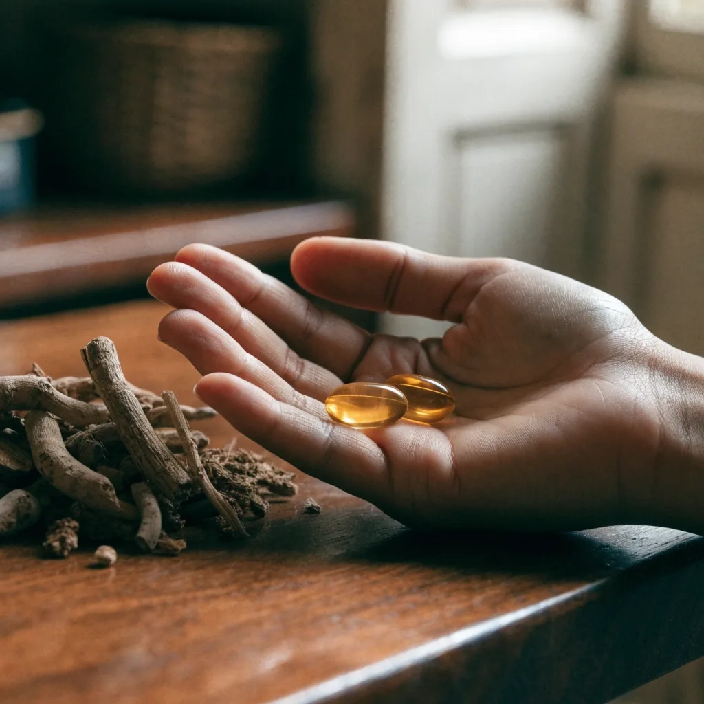A single translucent capsule falling into an open palm above a warm stone counter