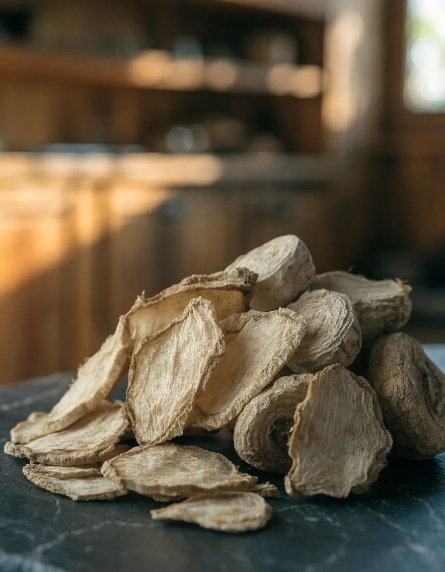 A shallow ceramic bowl of dried maca root on a dark warm stone surface