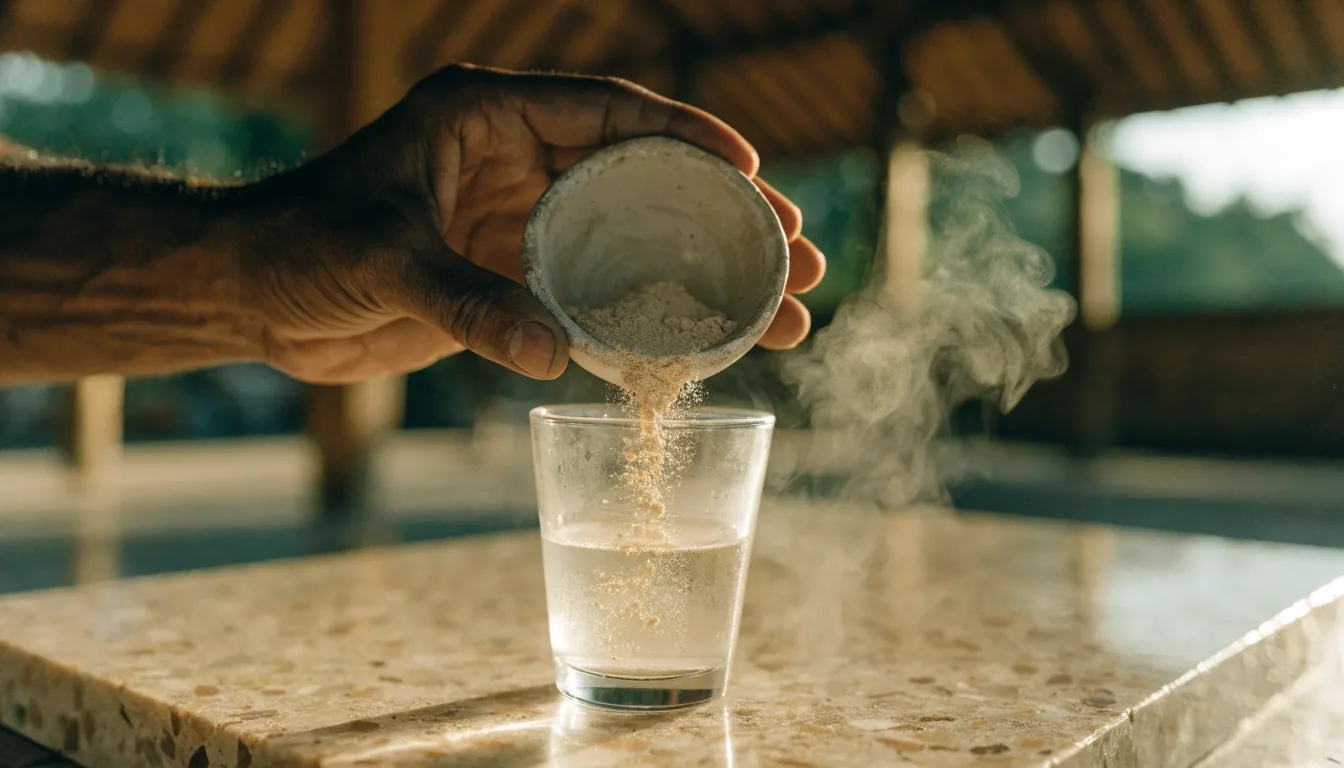 A stone counter in a warm Balinese interior with a glass of water and a bowl of milled botanical powder