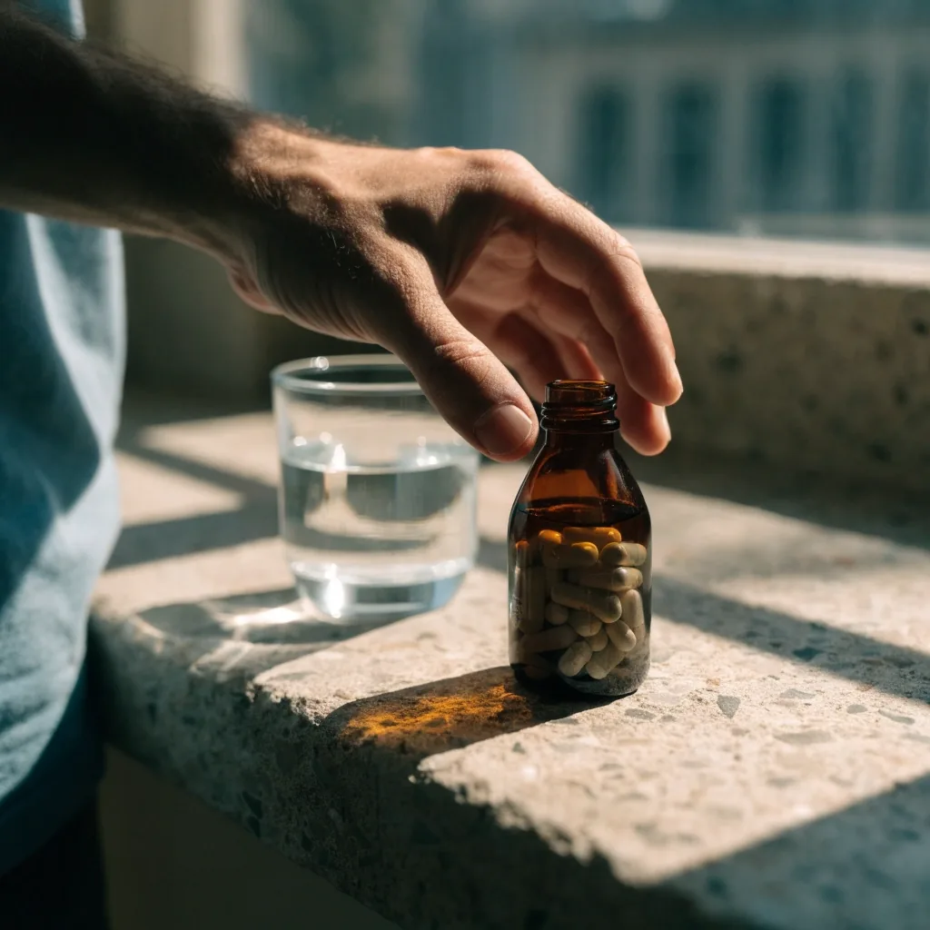 Hand lifting a glass of water from a warm stone counter in early low-key light