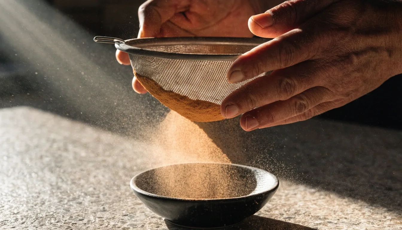 Milled maca powder pouring into a small dark bowl on warm stone with dust in the light