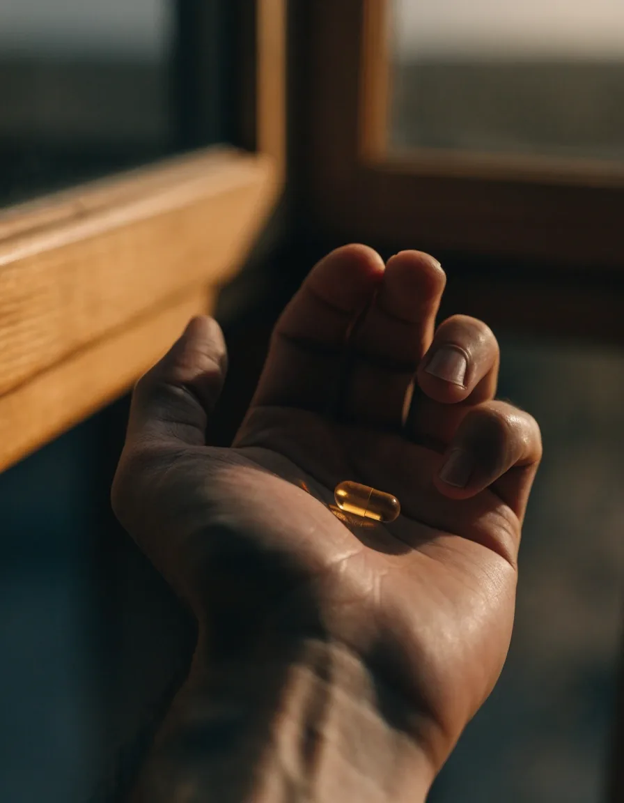 A single capsule resting in an open palm near a warm window at dusk