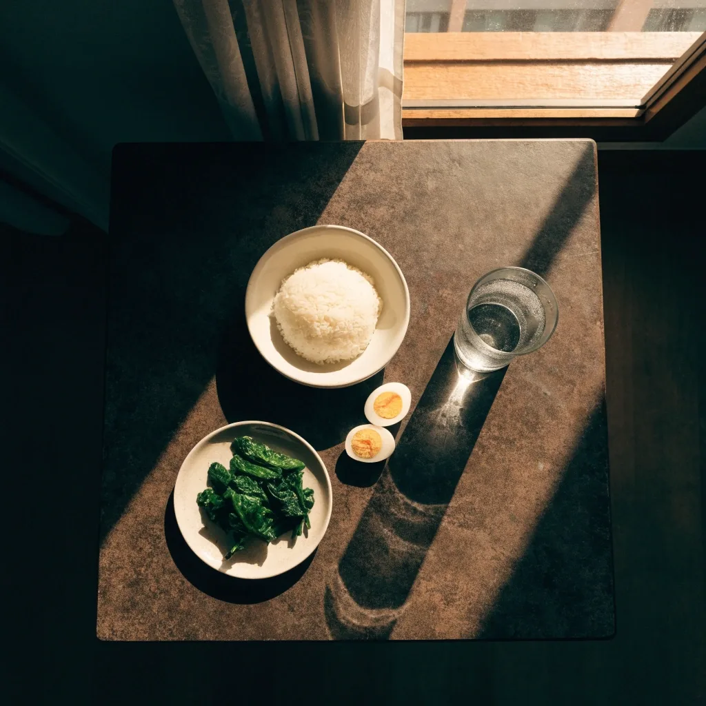 Everyday meal on a dark stone table in a warm-lit interior: rice, greens, sliced egg, and a glass of water