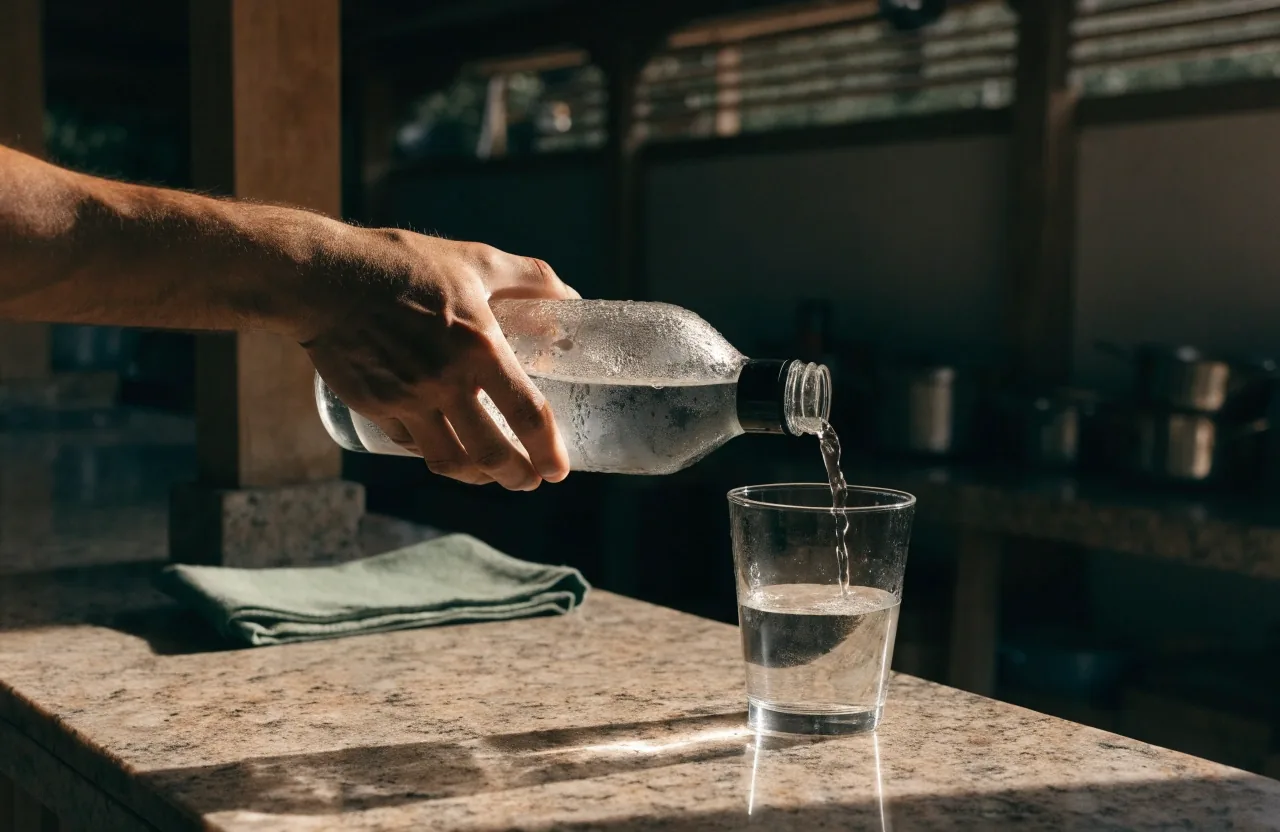 Glass bottle of water on a warm stone counter with condensation in late-afternoon light