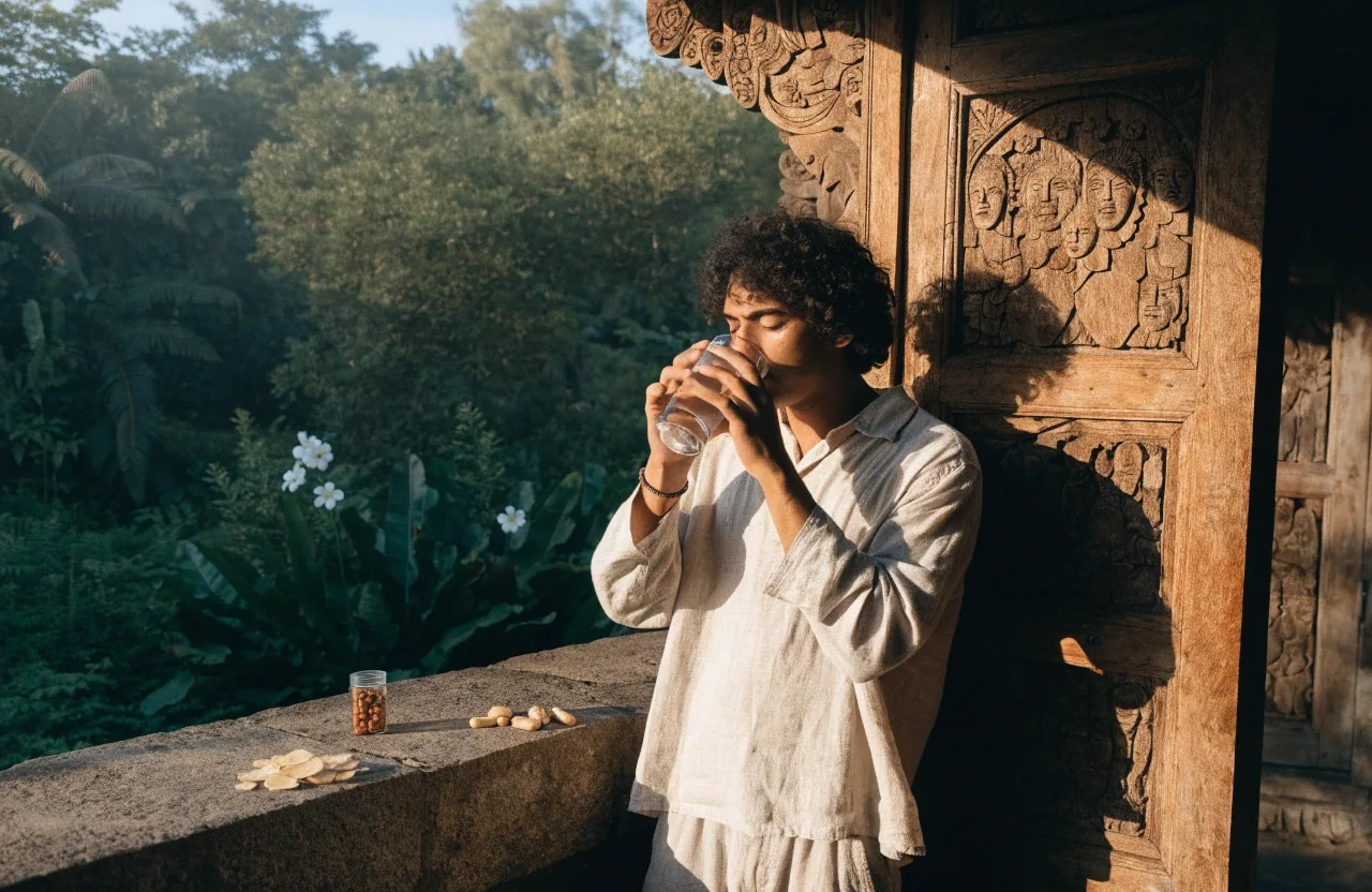Glass of water at the edge of a warm stone counter with condensation in late-afternoon light