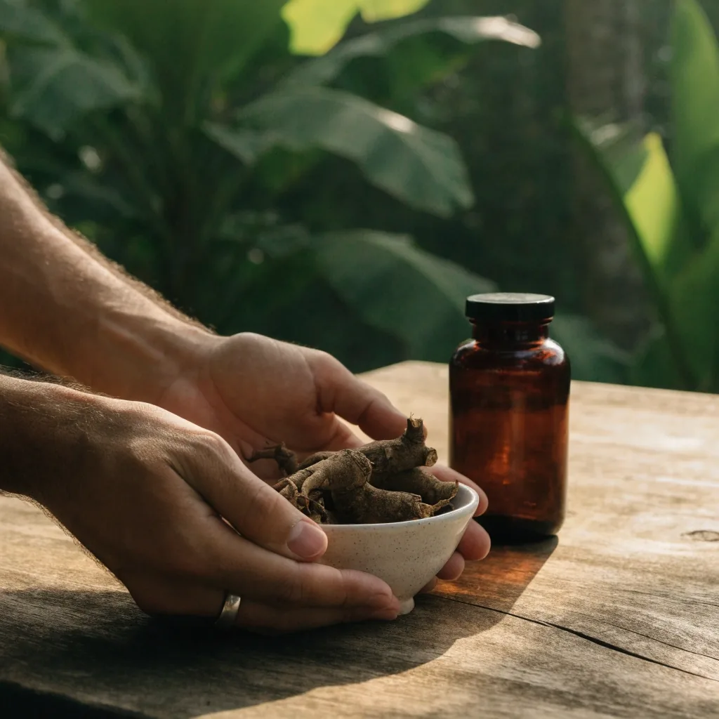 Hand setting a glass of water on a warm stone counter beside a small unbranded jar of capsules