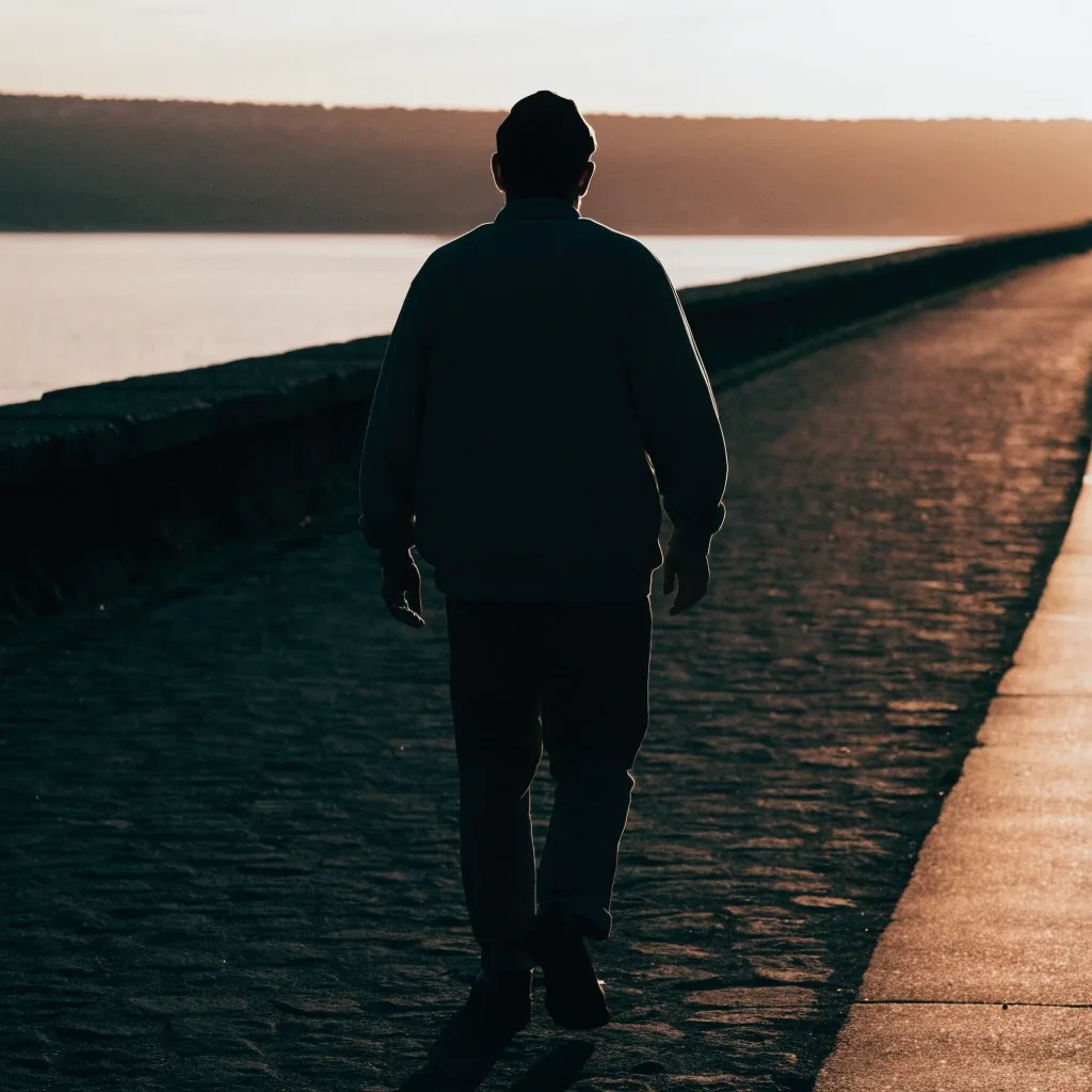 Man walking a warm-lit coastal path near a sea wall in late-afternoon light, silhouette from behind