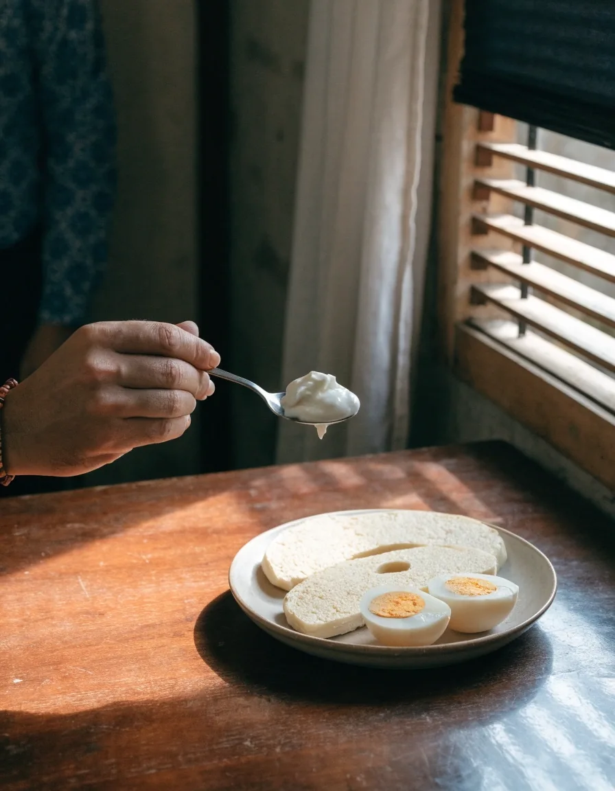 Overhead crop of a breakfast plate: eggs, sliced tempeh, and a small bowl of yoghurt on warm stone