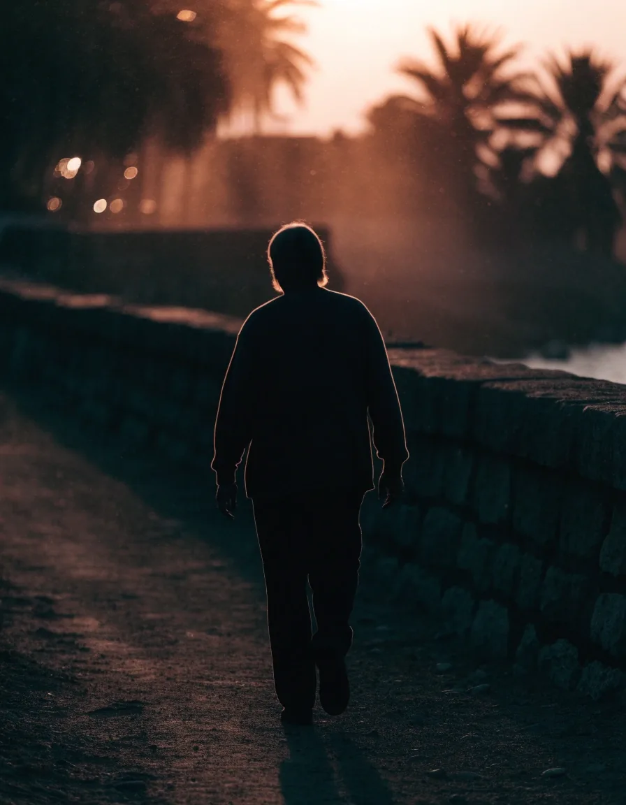 A man walking a warm-lit coastal path near a sea wall, seen as a silhouetted back view at late afternoon