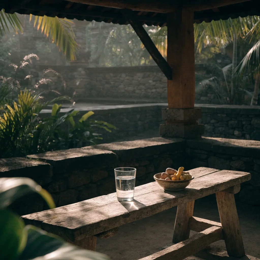 A Balinese plunge pool at dusk with the wet stone deck dissolving into warm shadow