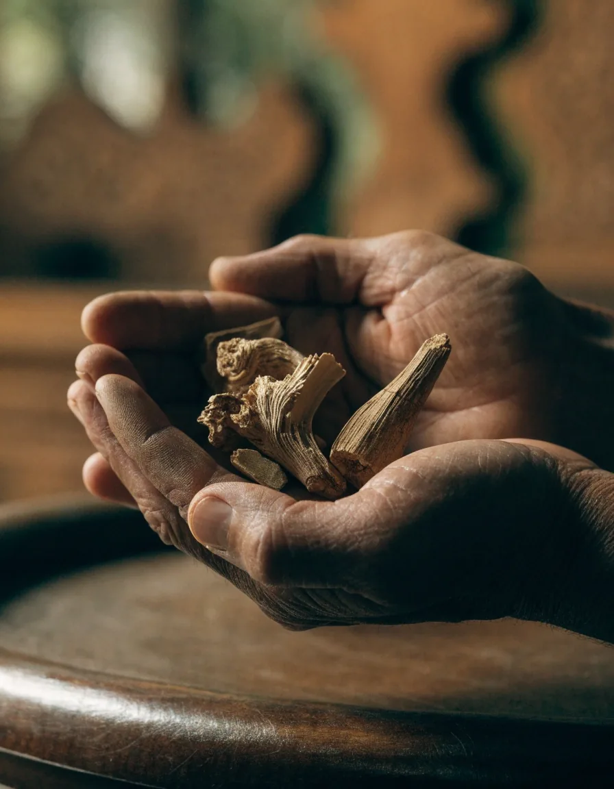 Two hands cradling dried ginseng and pasak bumi root pieces over a warm stone counter
