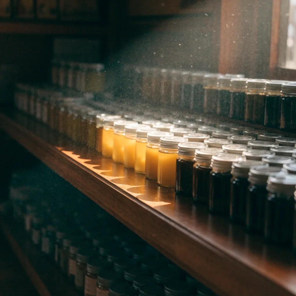 Warm-lit wooden shelf holding rows of unlabeled supplement jars in late-afternoon light