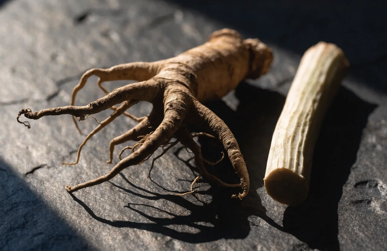 Dried ginseng root and pasak bumi stem section on a warm dark stone surface