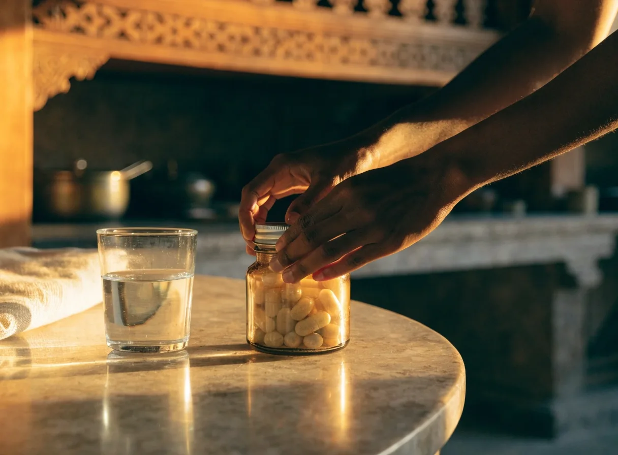 A man's hands closing a small amber jar on a warm stone counter beside a glass of water
