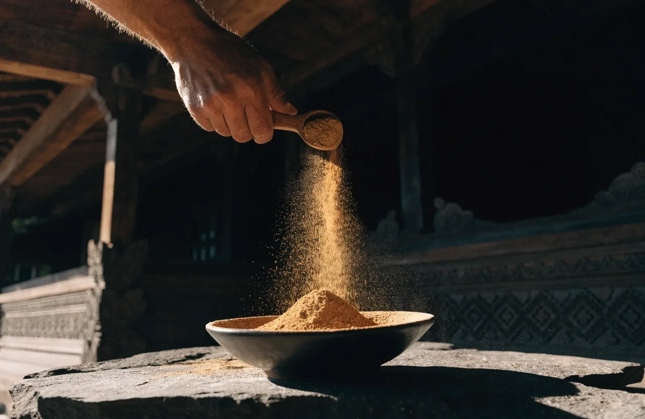 Milled botanical powder poured from a wooden scoop into a dark ceramic bowl on warm stone