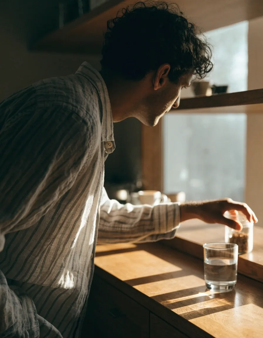 A man's hands around a glass of water on a warm stone counter in the morning