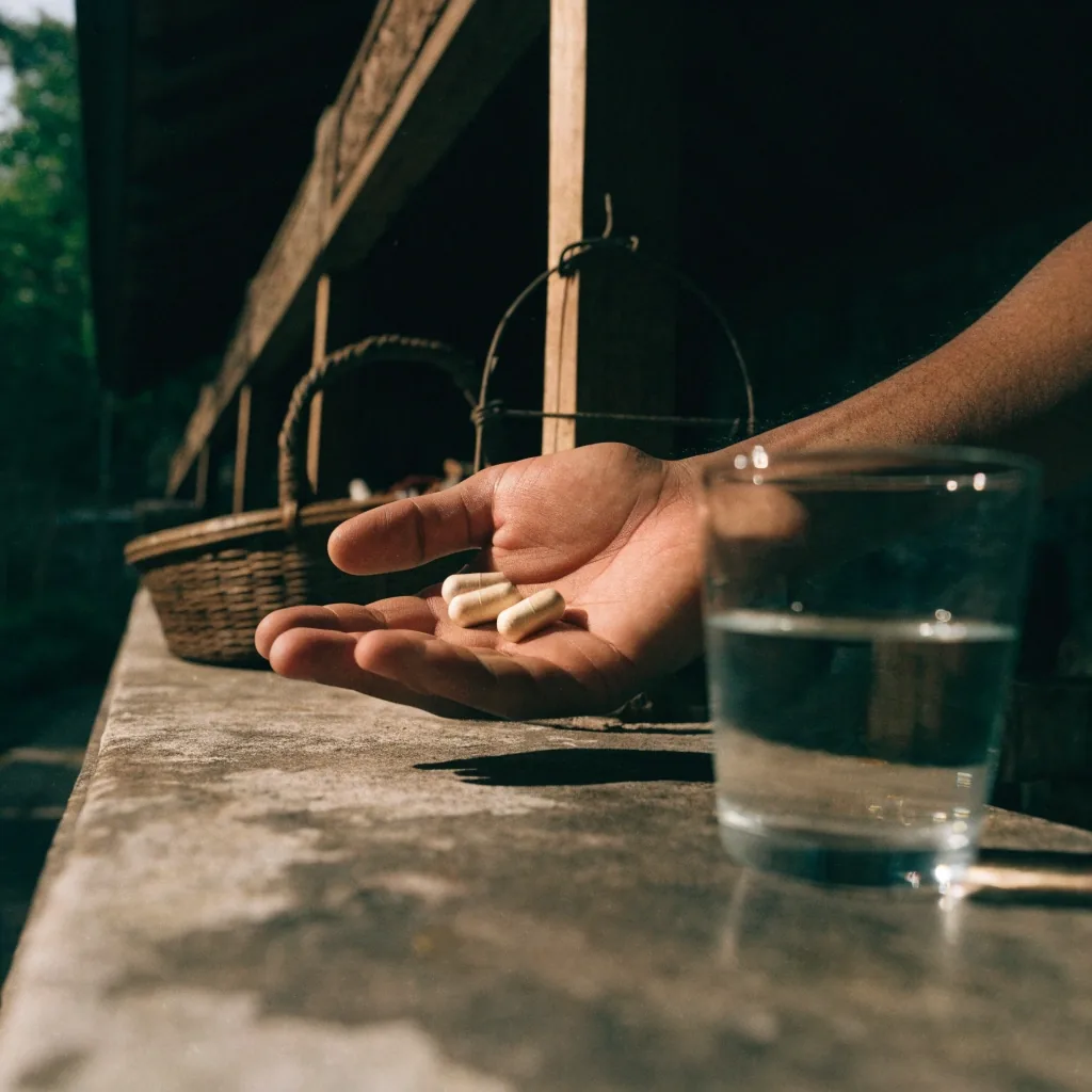An open palm holding natural capsules above a stone counter with a glass of water nearby