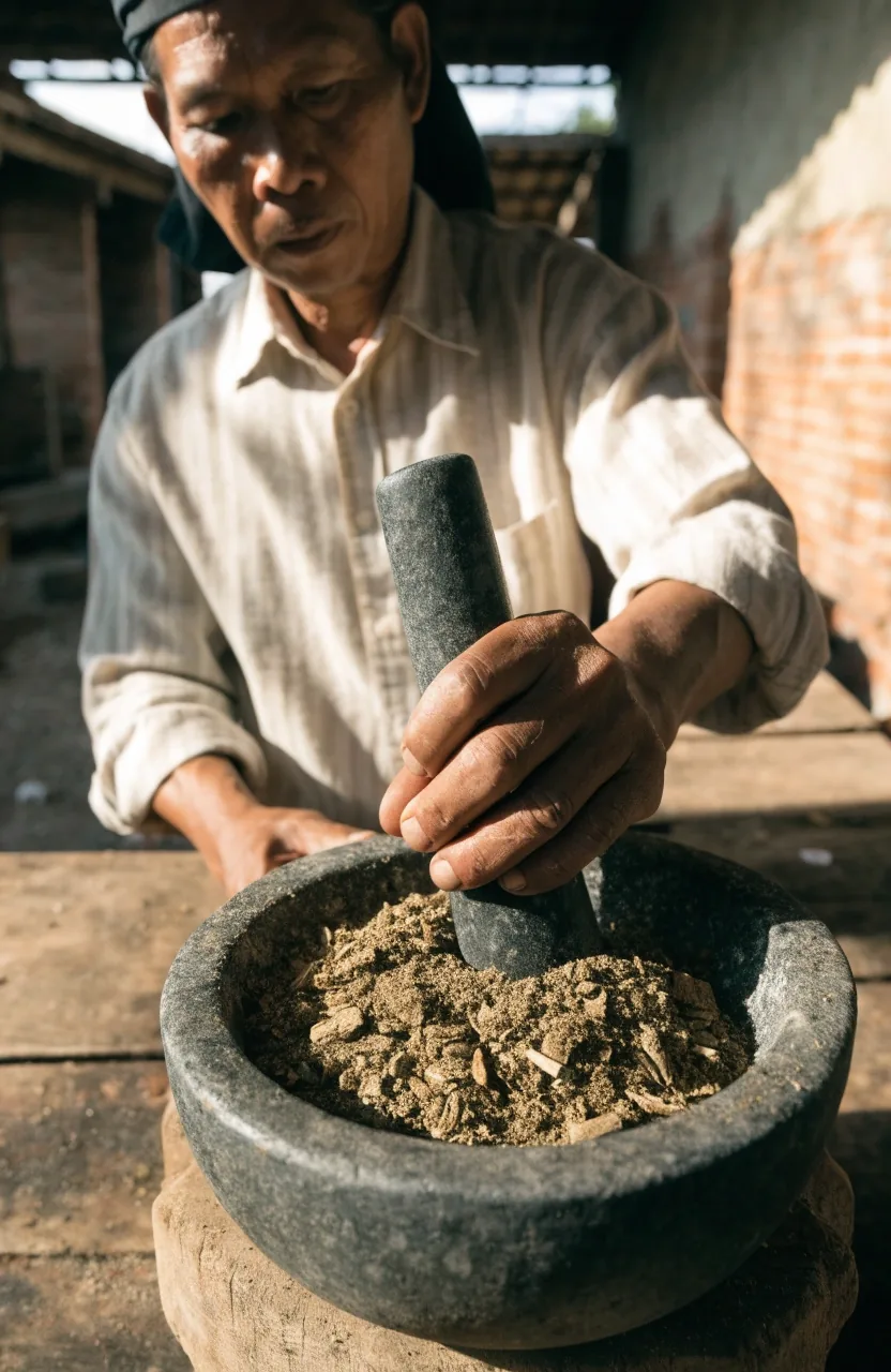 A stone mortar of hand-crushed Indonesian herbal roots with a wooden pestle on a warm counter