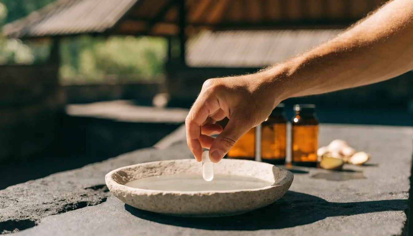 Men's supplement bottles and a bowl of capsules arranged on a warm stone counter in a Balinese interior