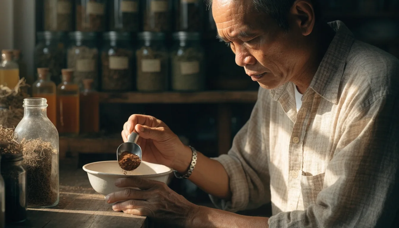 Milled botanical powder pouring into a shallow stone bowl on a warm counter