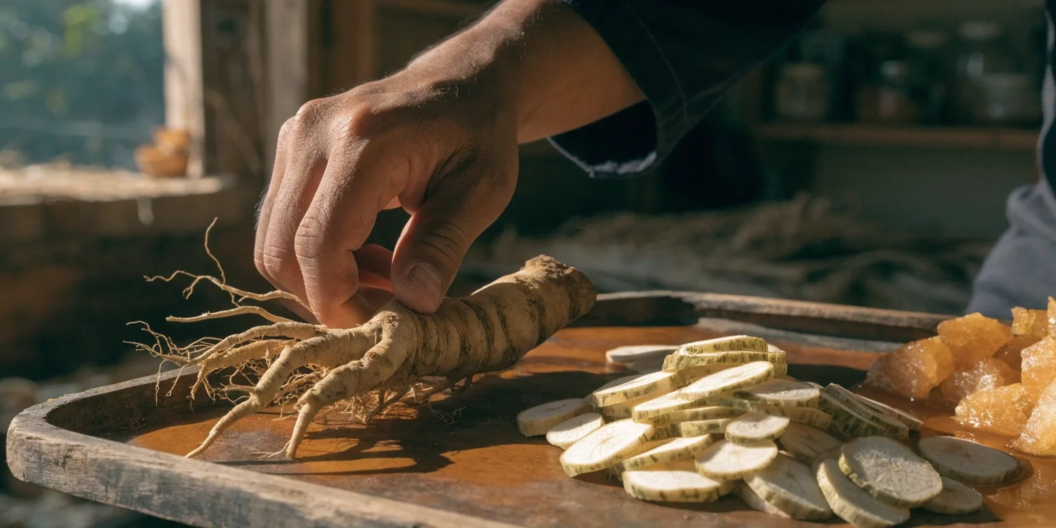 Whole ginseng root, dried maca pieces, and a pasak bumi stem section side by side on warm stone