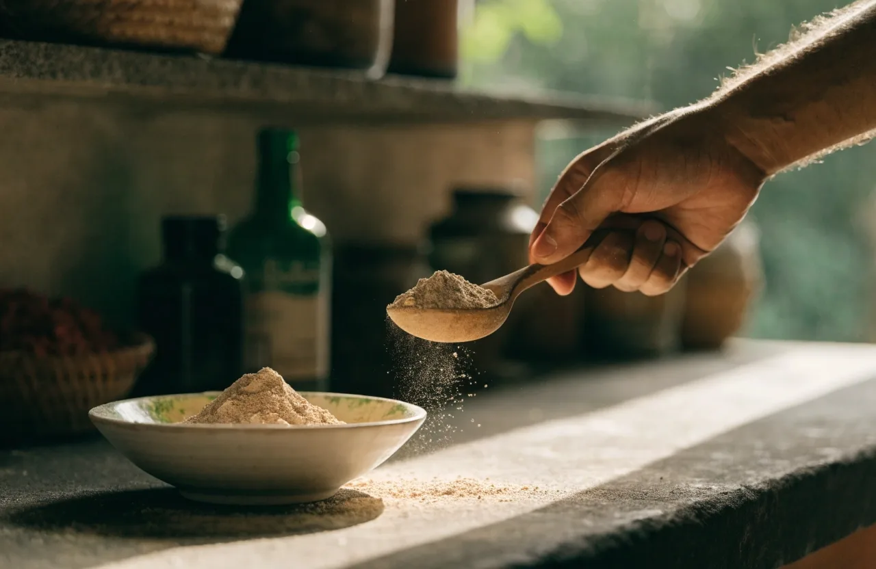A bowl of milled botanical powder being poured on a warm stone counter in a Balinese interior